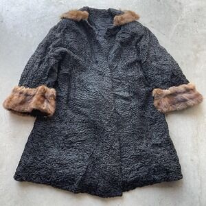 Vintage Embossed Full Length Black Persian Lamb Fur Coat Mink Collar  M/L